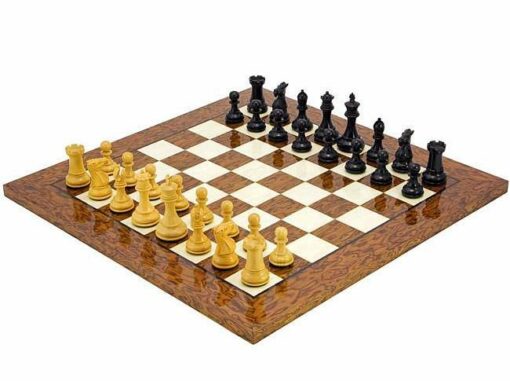 Ensemble "Windsor Cocoa Burl" Echiquier et Jeu d'Echec en Bois d'Ebène, d'Erable et de Buis
