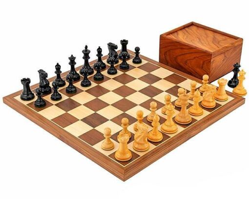 Ensemble "Competition Compact" Echiquier en Bois d'Erable et de Noyer, Jeu d'Echecs en Bois & Coffret de Rangement en Bois de Rose Doré