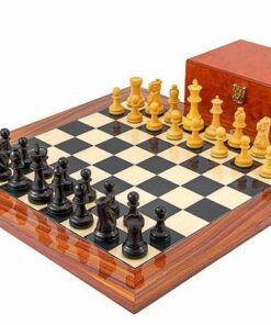 Ensemble "Supreme" Echiquier en Bois d'Erable et de Rose Doré, Jeu d'Echecs en Bois d'Ebene et Buis & Coffret de Rangement en Placage de Racines